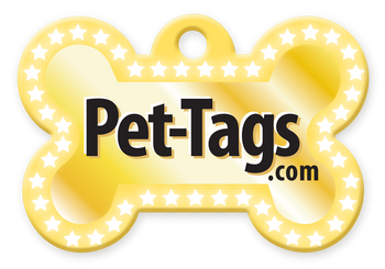 pet-tags.com logo with golden, bone-shaped pet id tag outlined with solver stars